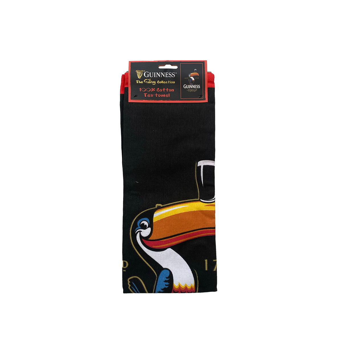 Guinness Toucan cotton tea towel folded with red trim and a colorful toucan graphic