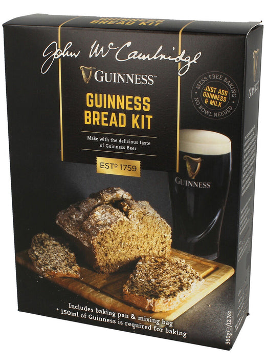 Guinness bread kit box with sliced bread and a pint of Guinness beer