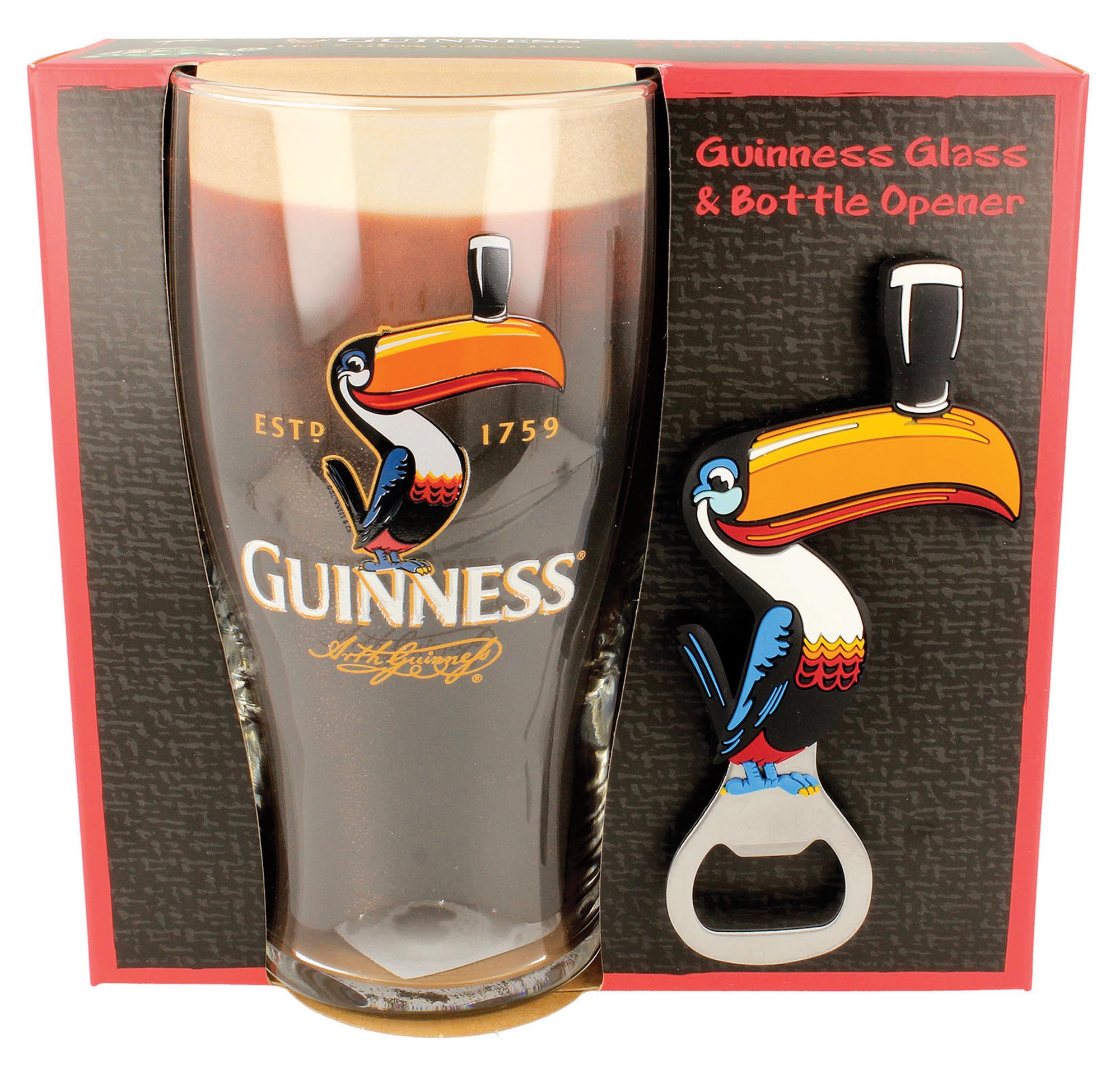 Guinness Gilroy Toucan Pint Glass and Bottle Opener Set