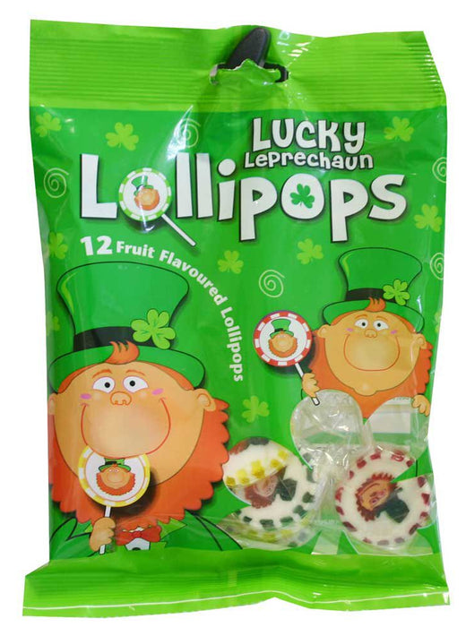 Green bag of Lucky Leprechaun fruit-flavored lollipops with cartoon leprechaun