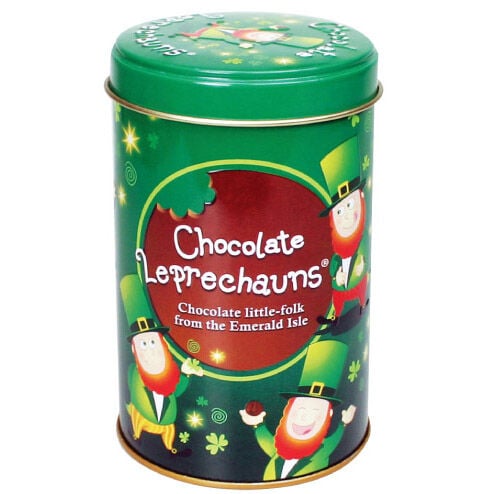 Green tin container decorated with cartoon leprechauns and clovers