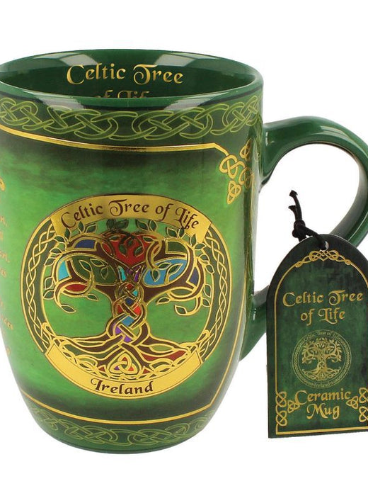 Green ceramic mug with Celtic Tree of Life design and decorative patterns