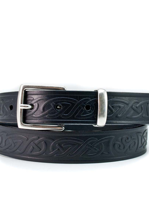 Lee River 30mm Genuine Celtic Design Black Leather Belt