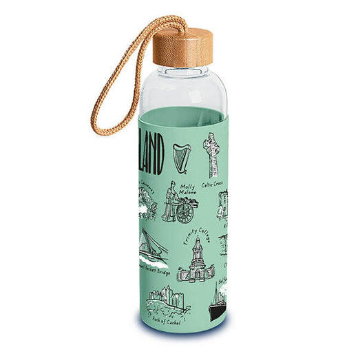 Clear water bottle with green sleeve featuring Irish landmarks and wooden cap with rope