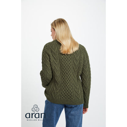 Unisex Green Honeycomb Crew Neck Aran Sweater