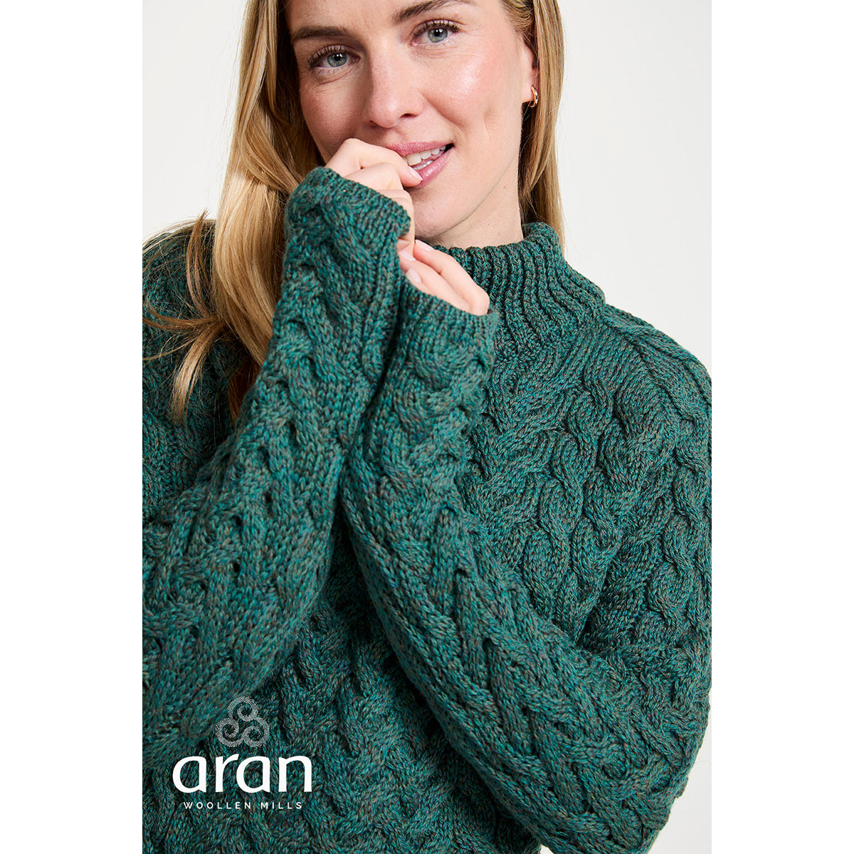Womens Knightstown Merino Aran Crew Green Sweater in teal with chunky cable knit