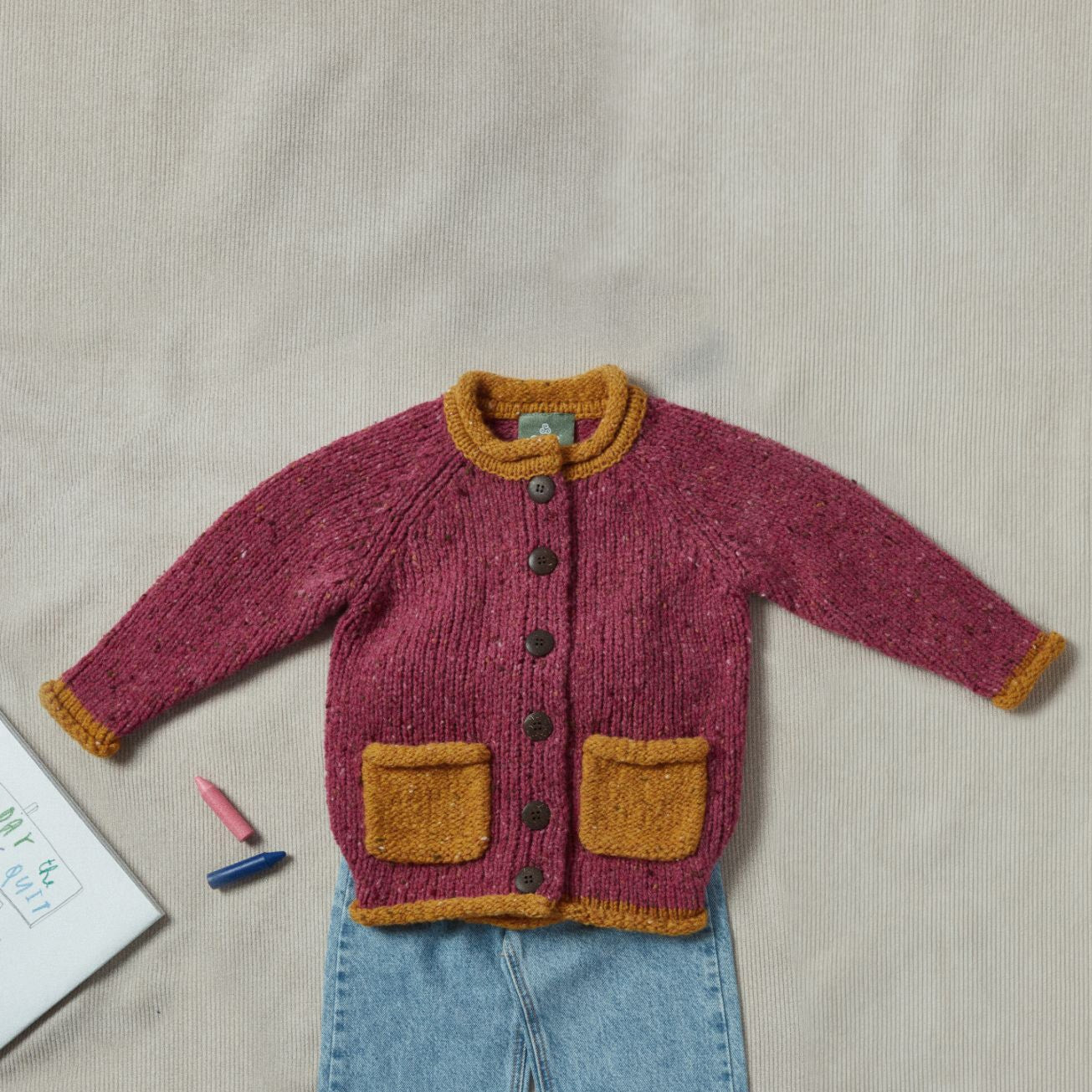 Childrens Woollen Roll Neck Cardigan Pink And Orange 