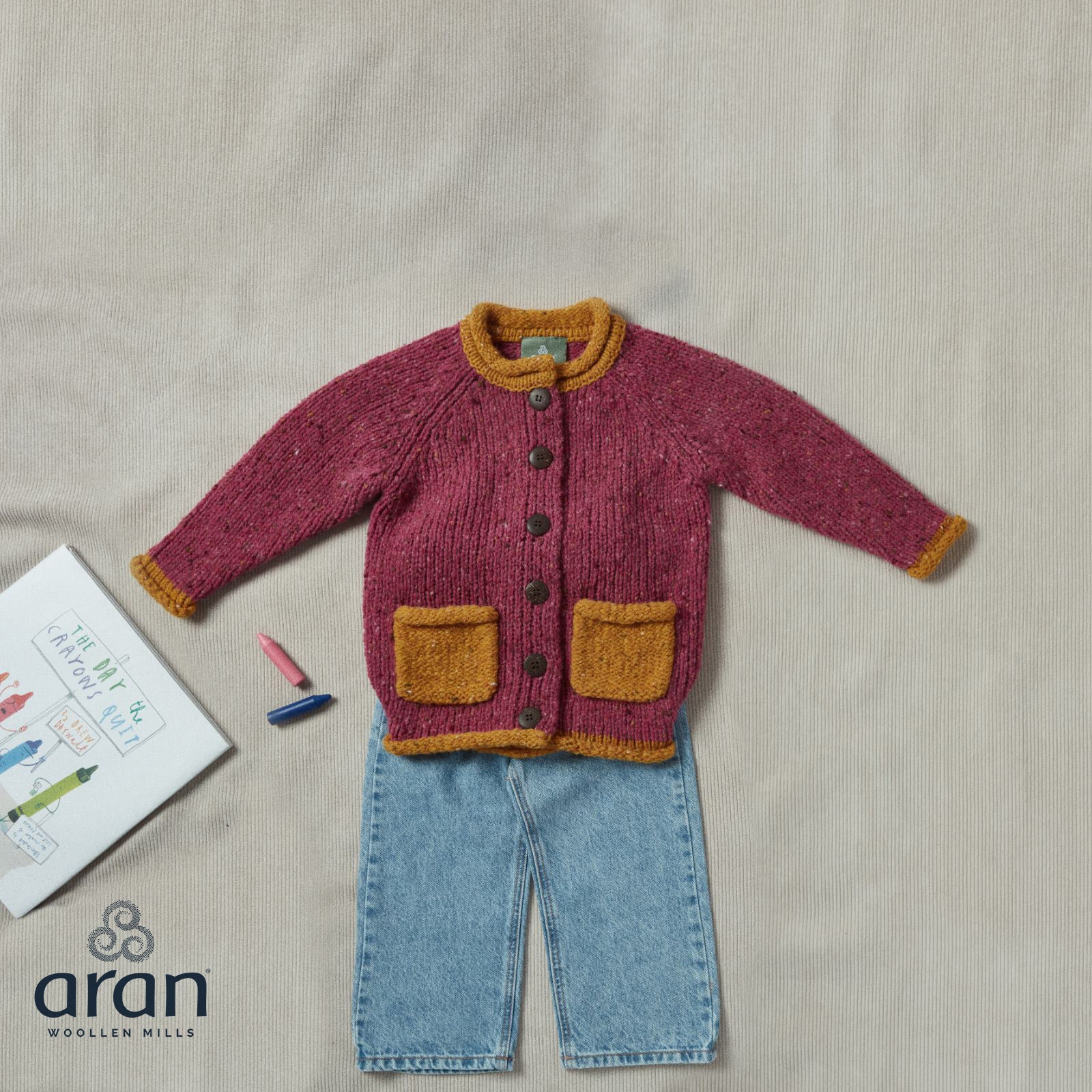 Childrens Woollen Roll Neck Cardigan Pink and Orange