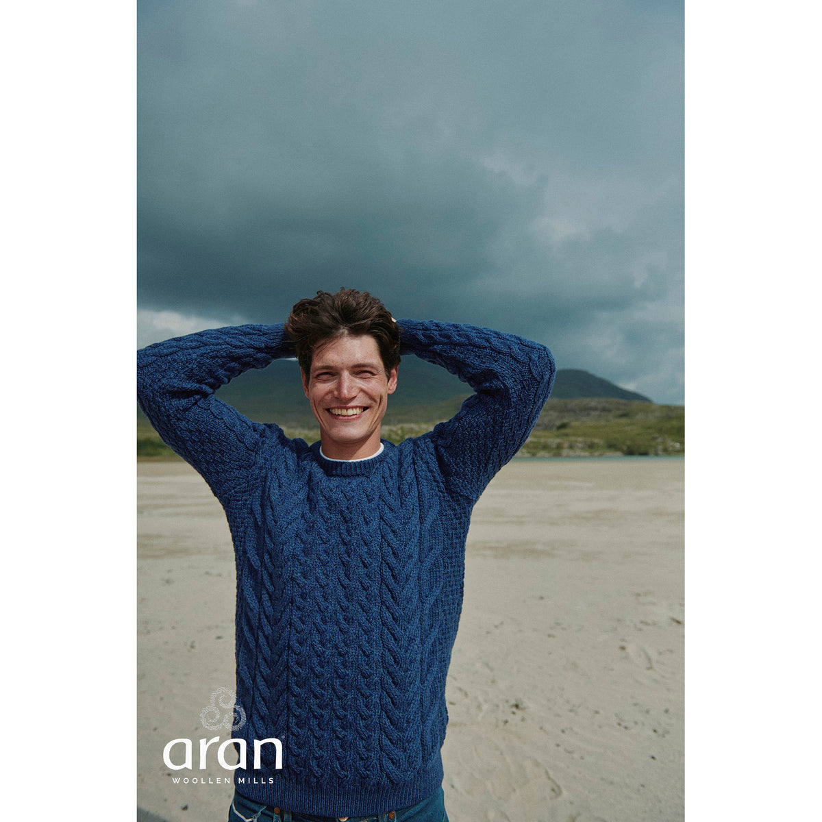 Unisex Navy Aran Crew Neck Sweater