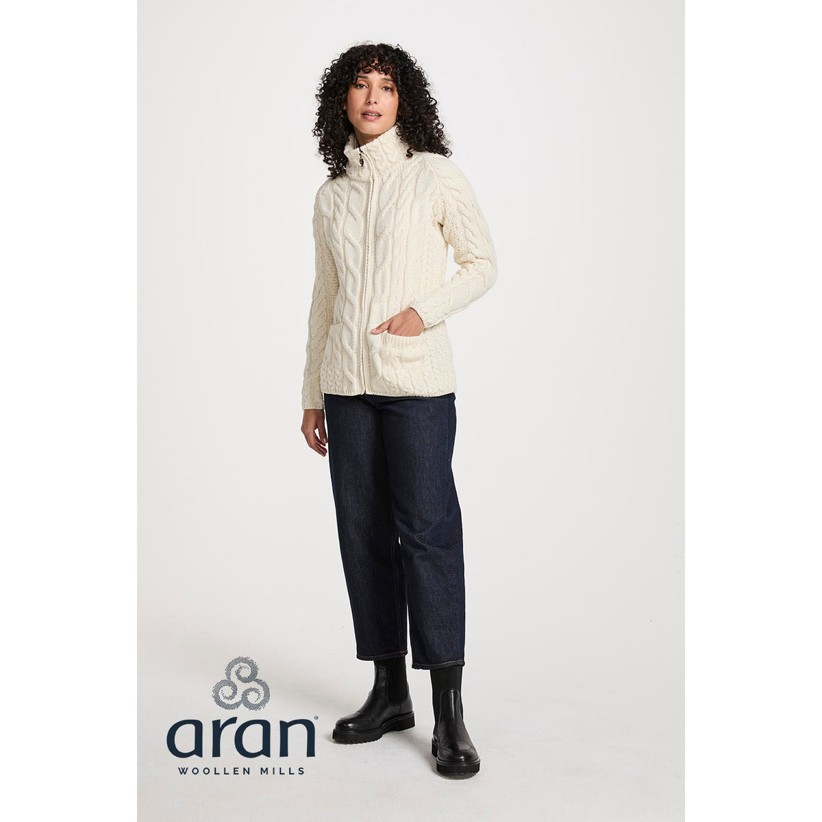 Women's Cream Zip Aran Cardigan 