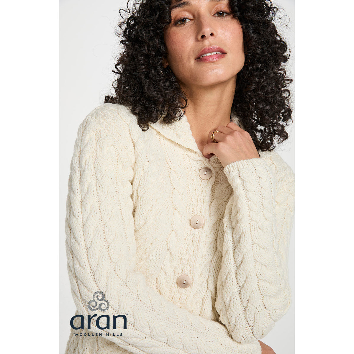 Women's Cream Buttoned Cable Aran Cardigan