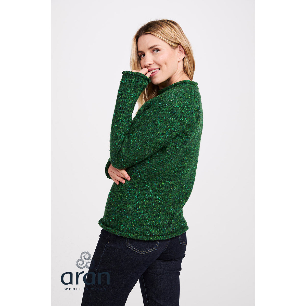 Women's Bright Green Donegal Tweed Raglan Roll Neck Sweater