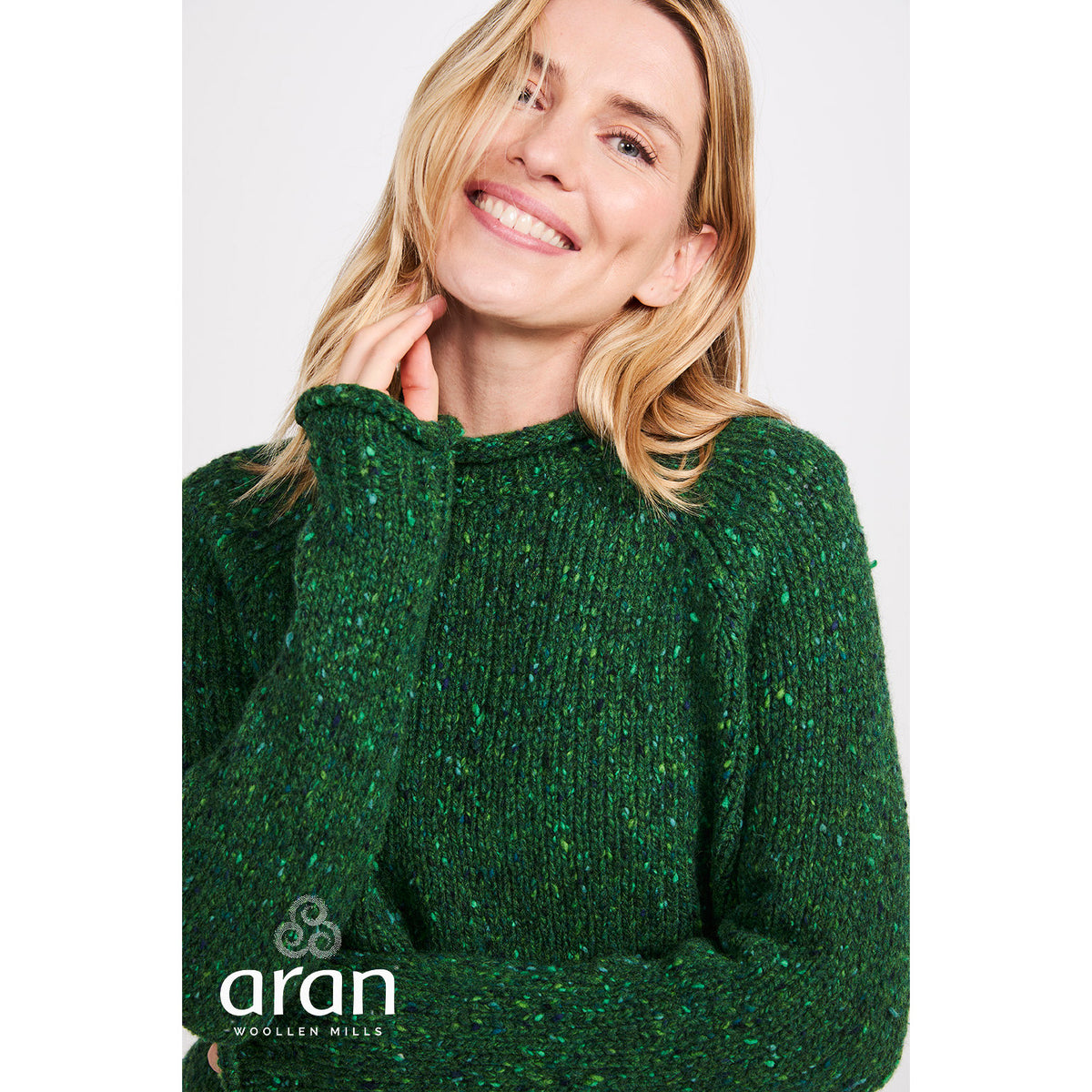 Women's Bright Green Donegal Tweed Raglan Roll Neck Sweater