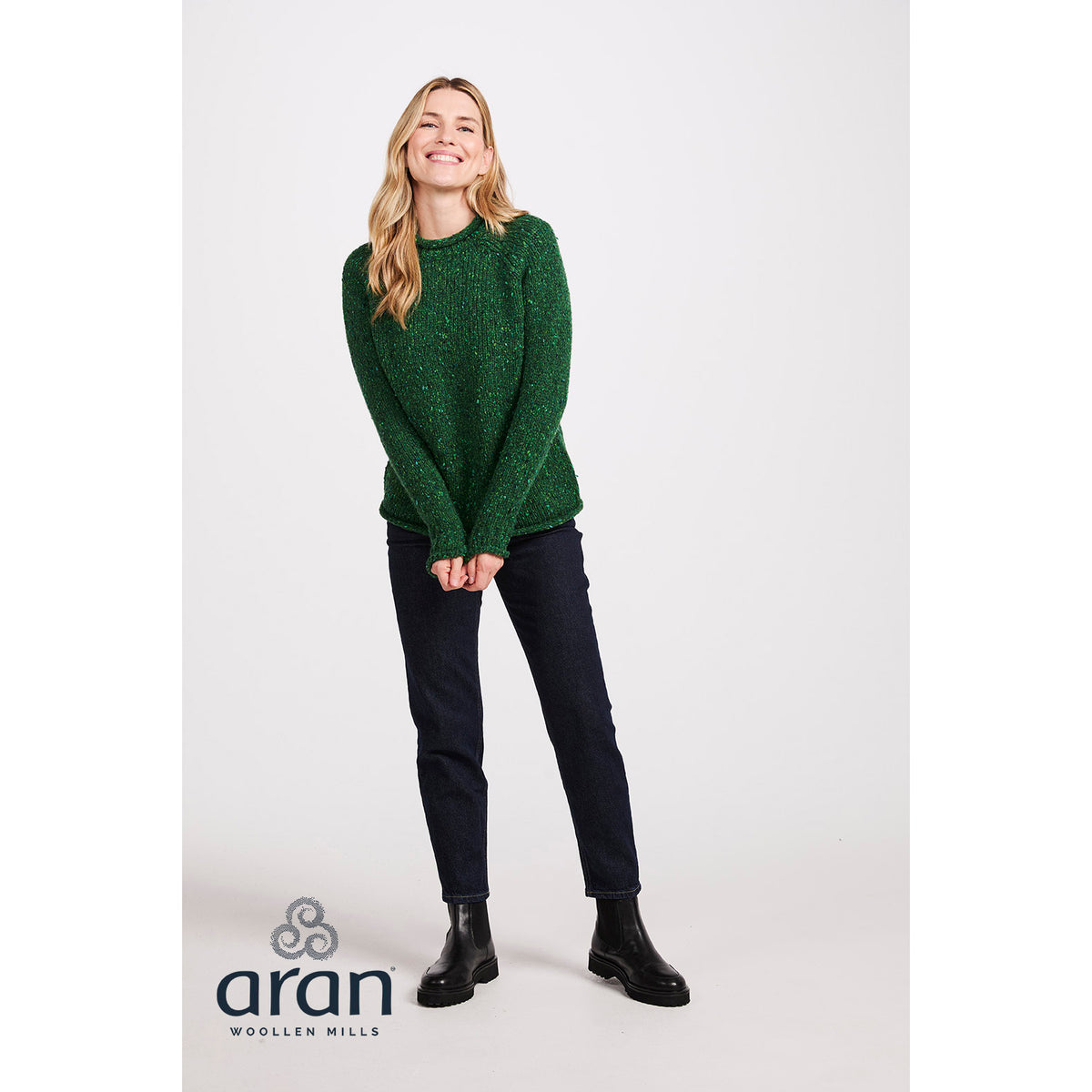 Women's Bright Green Donegal Tweed Raglan Roll Neck Sweater 