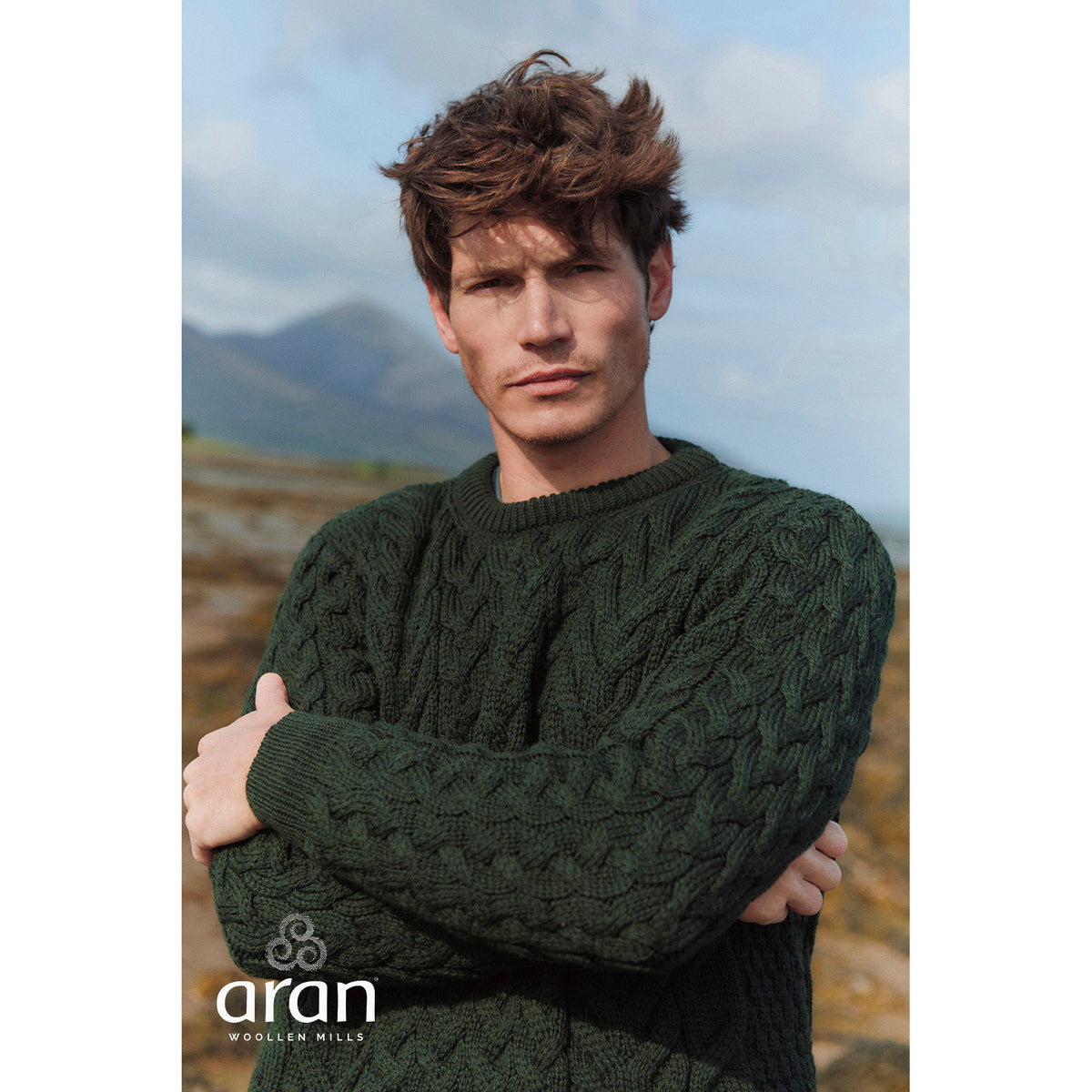 Unisex Green Aran Crew Neck Sweater