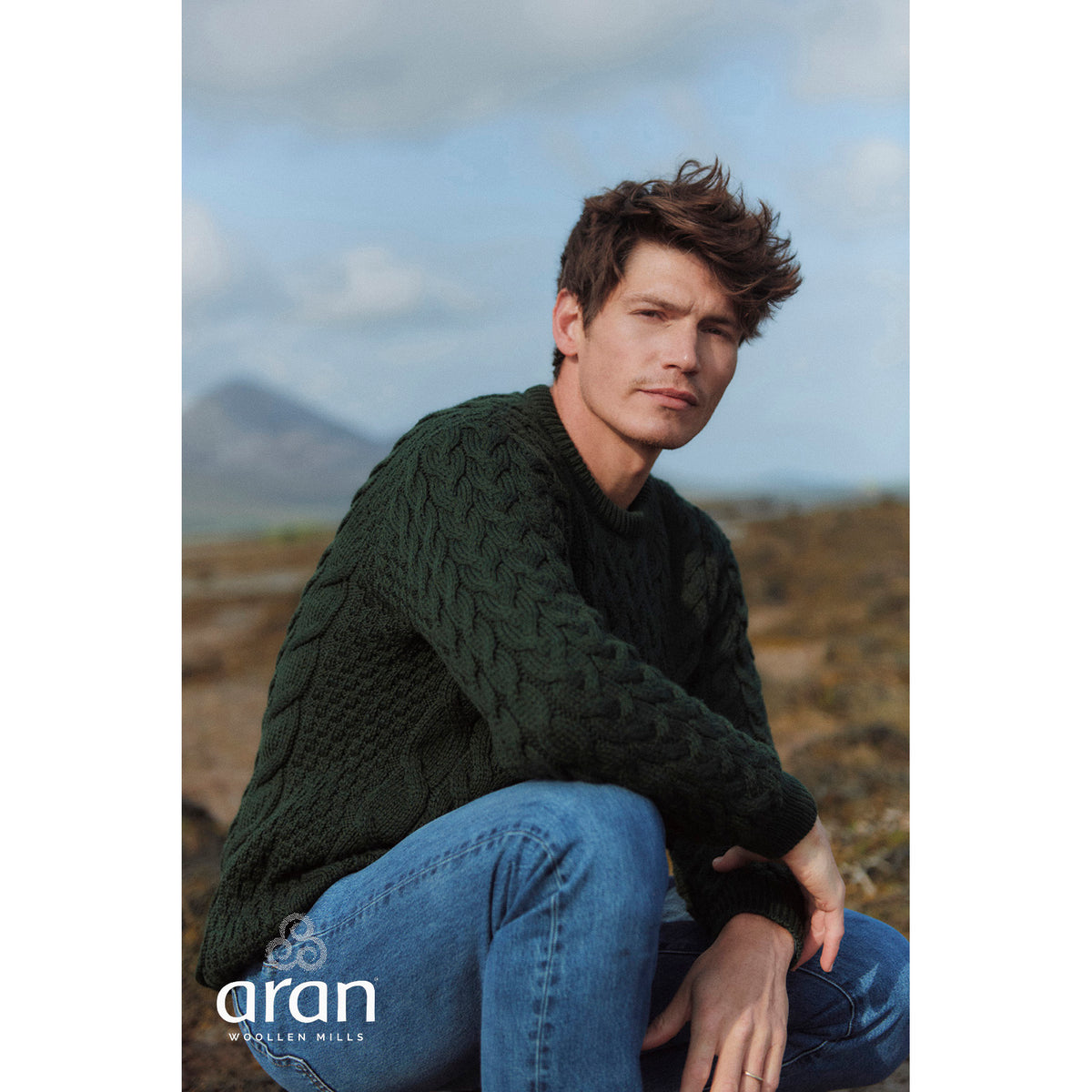 Unisex Green Aran Crew Neck Sweater 