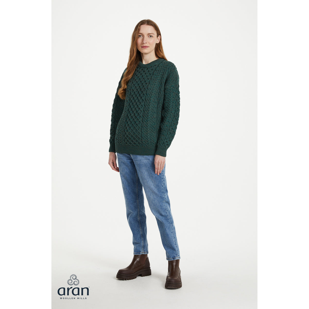 Unisex Green Traditional Aran Sweater 