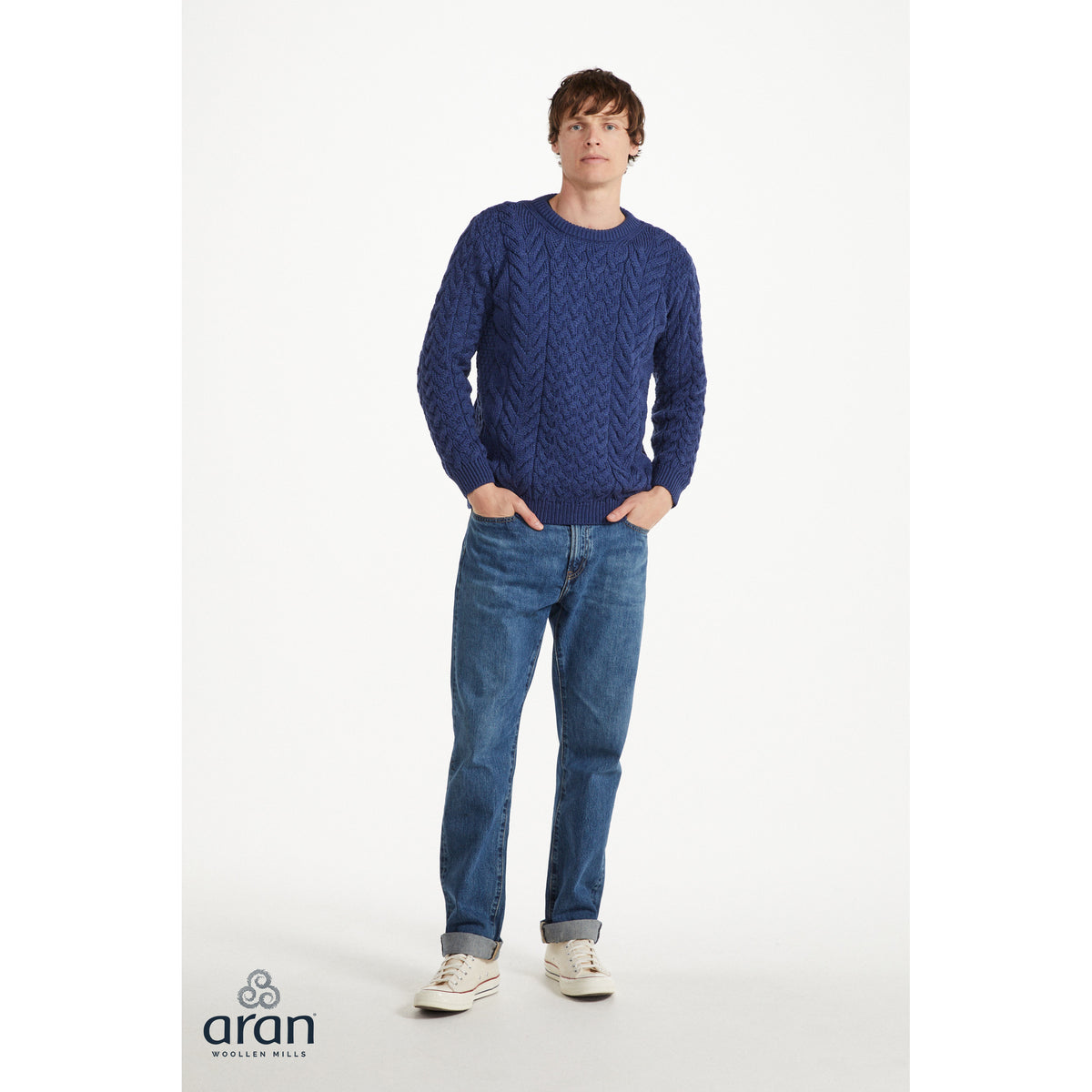 Unisex Navy Aran Crew Neck Sweater