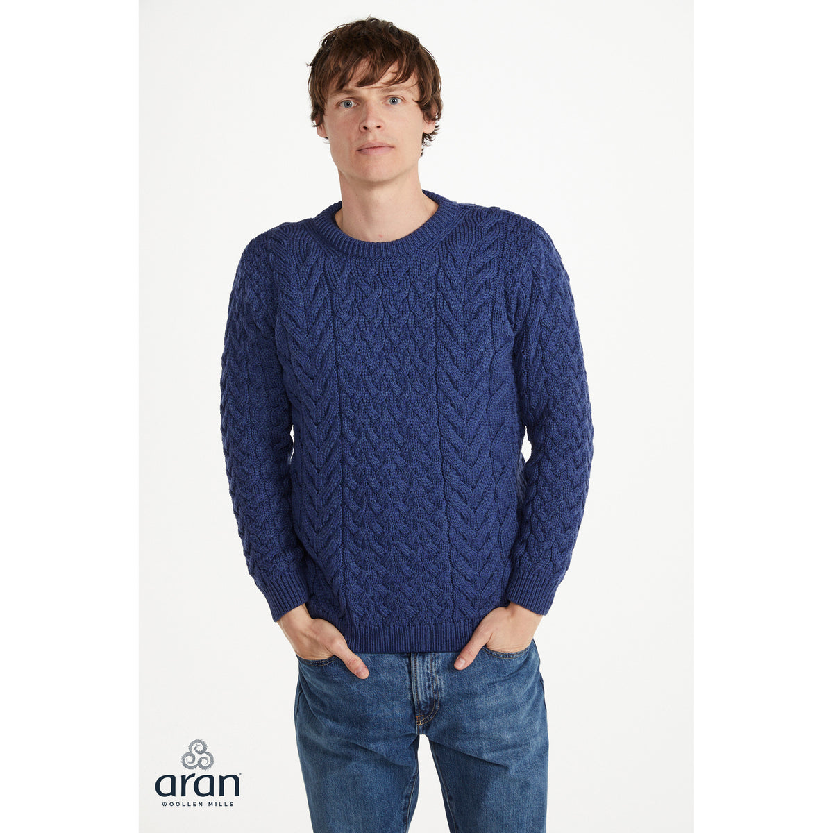 Unisex Navy Aran Crew Neck Sweater