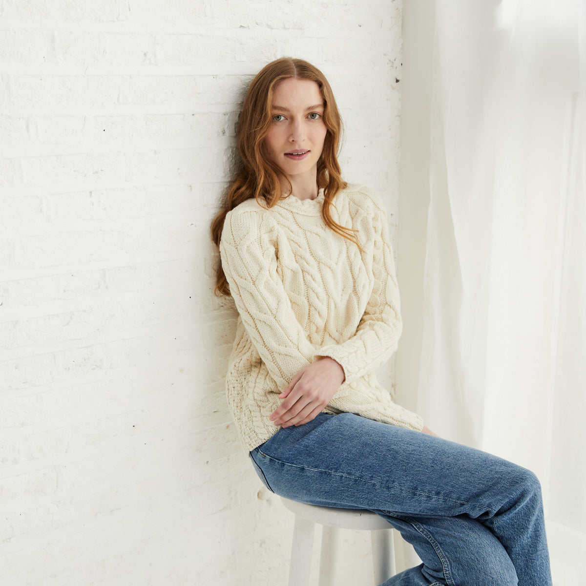 Women's Cream Multi Cable Raglan Aran Sweater