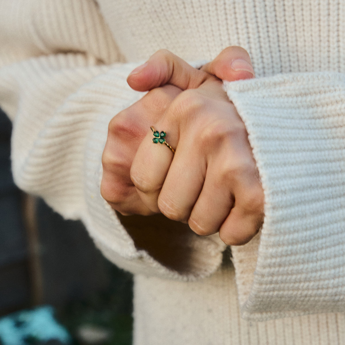 Green Four Leaf Clover Gold Ring