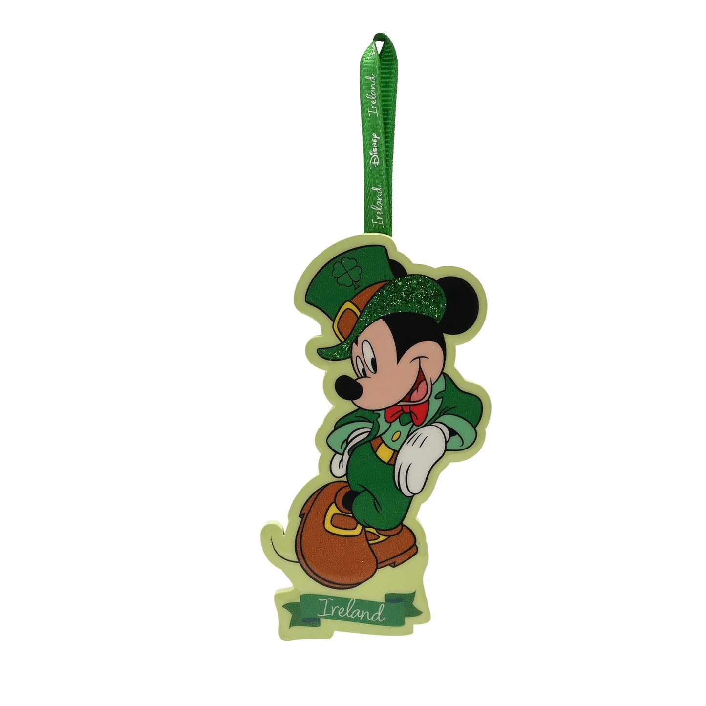 Mickey Mouse MDF plaque in a green leprechaun outfit with a hanging ribbon for display.