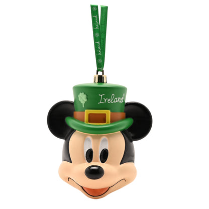 Mickey Mouse head Christmas bauble with a green leprechaun hat featuring Ireland lettering and a gold cap