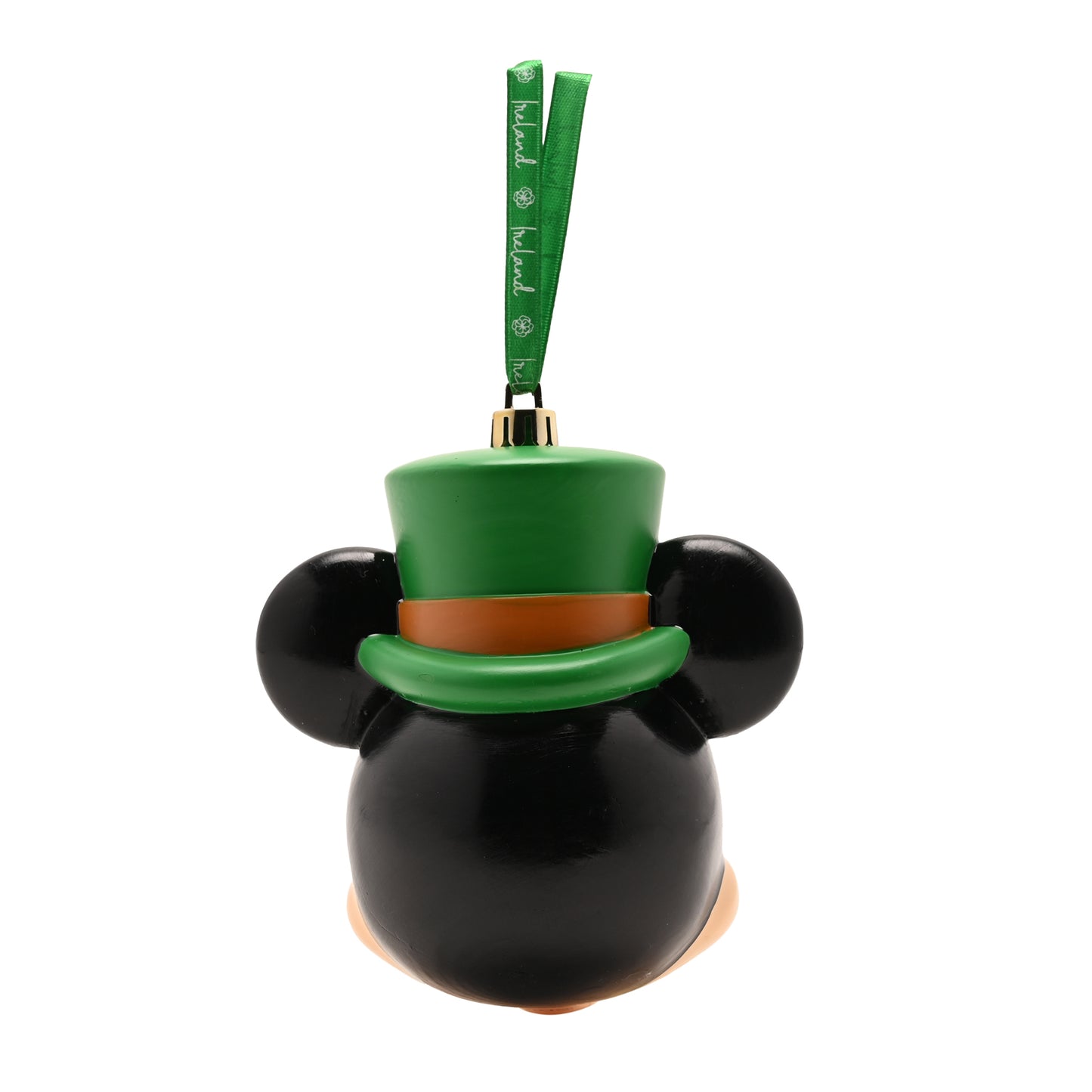 Rear angle of Mickey Mouse head bauble showing the green hat and ribbon from the back