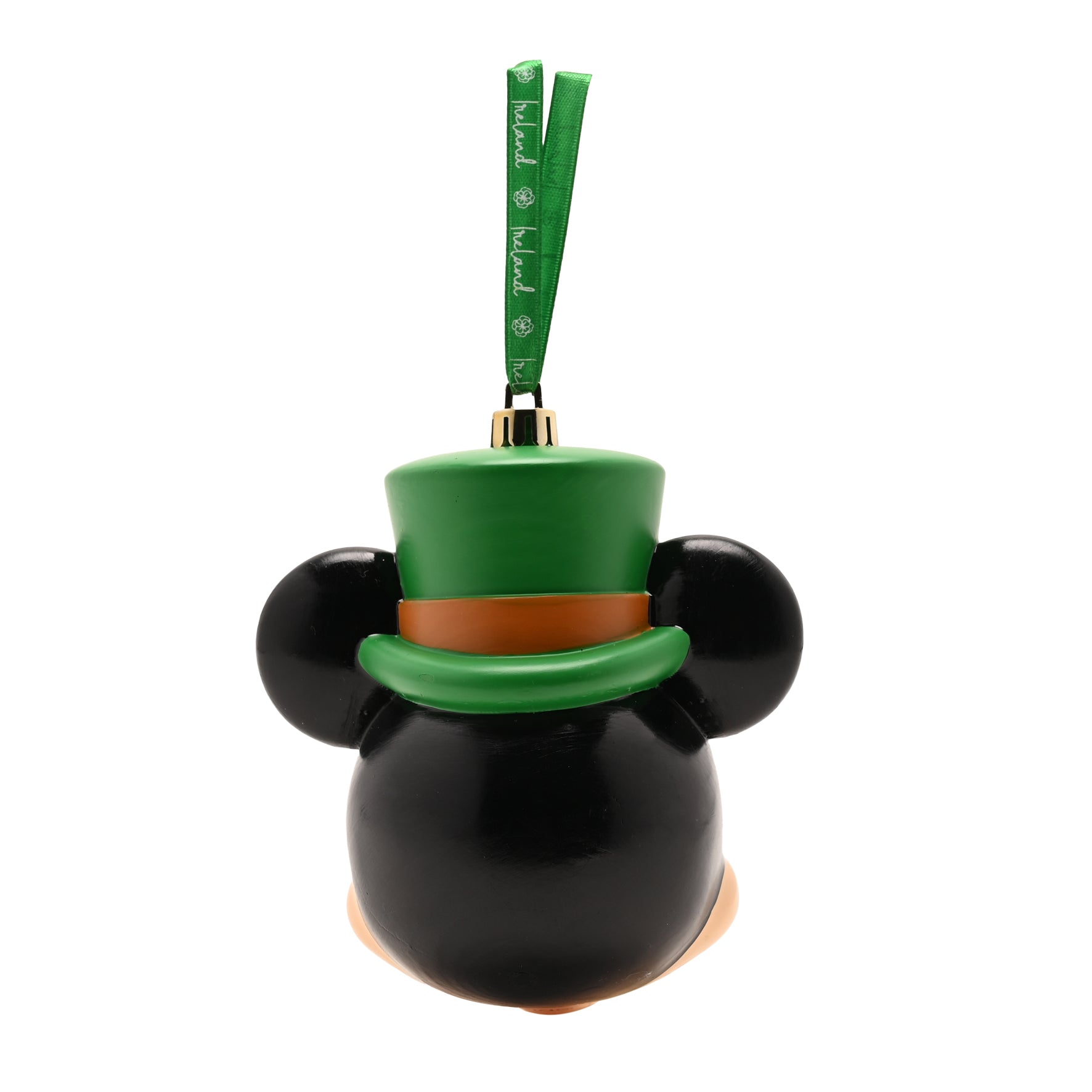 Rear angle of Mickey Mouse head bauble showing the green hat and ribbon from the back