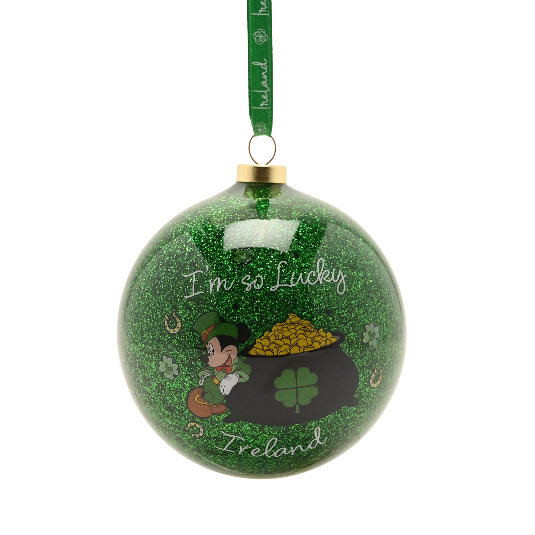 Green glitter Mickey Mouse Christmas bauble with a pot of gold and shamrocks design
