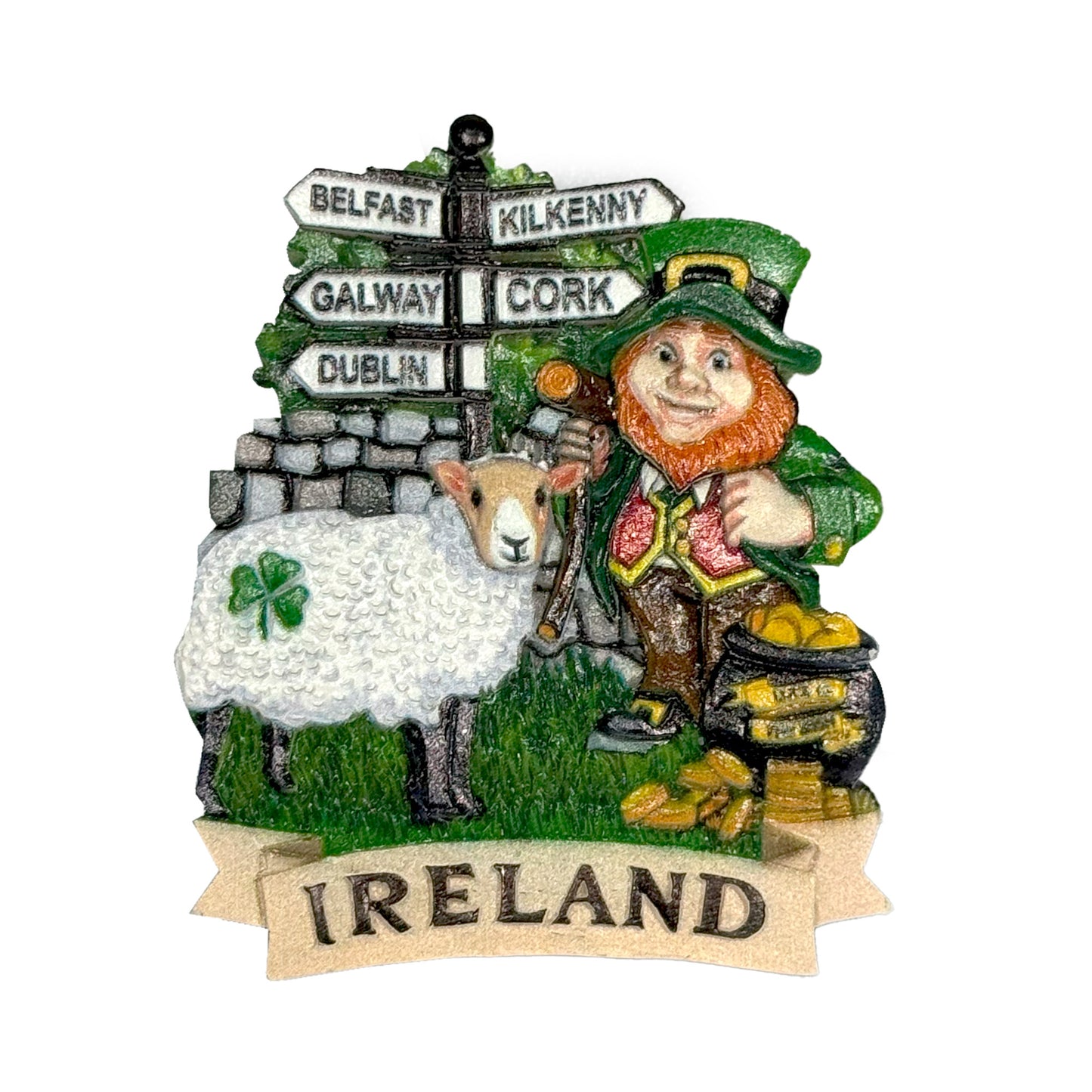 Leprechaun With Sheep & Road Sign Resin Magnet