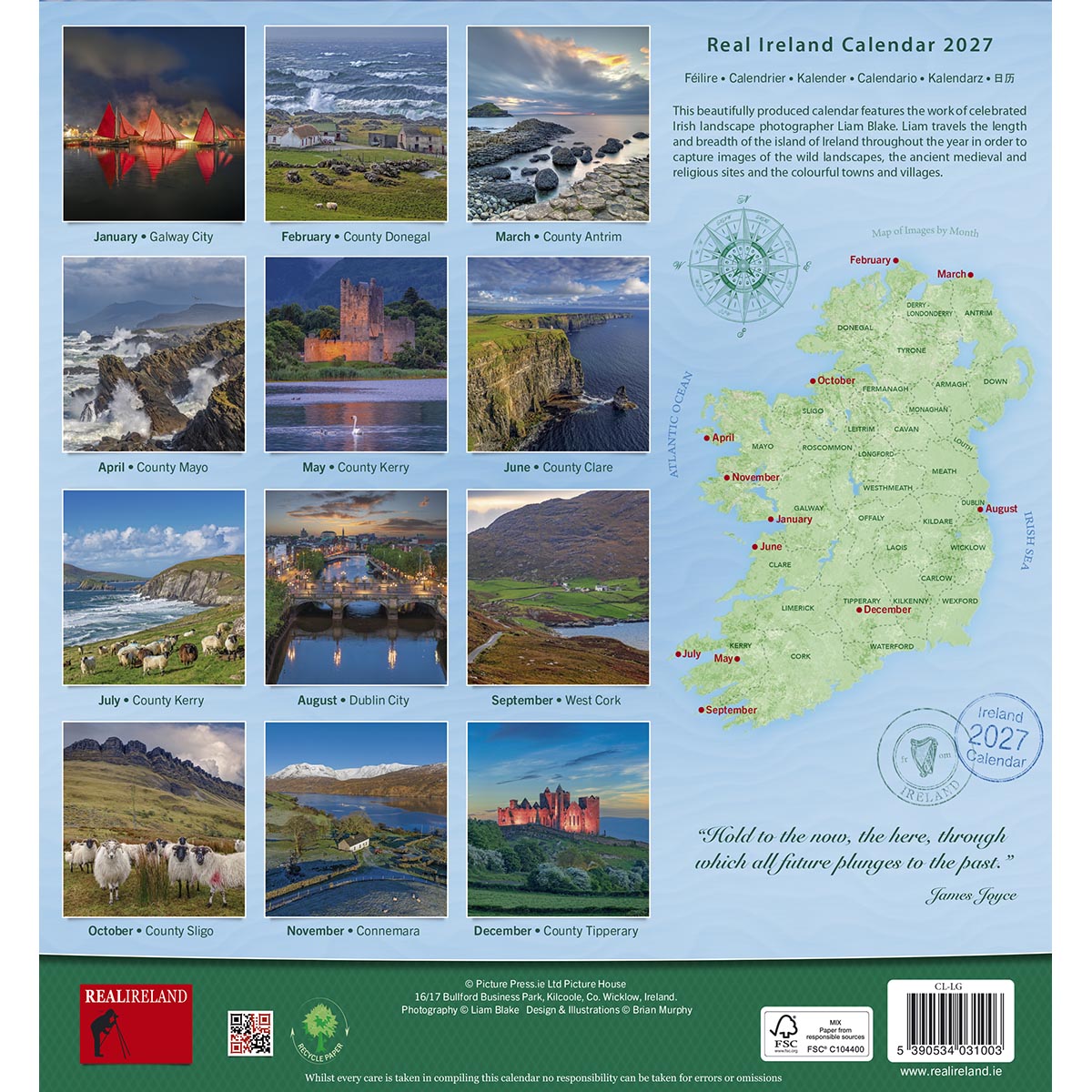 Back of Real Ireland Calendar 2027 with a 12 month grid and an Ireland map illustration.