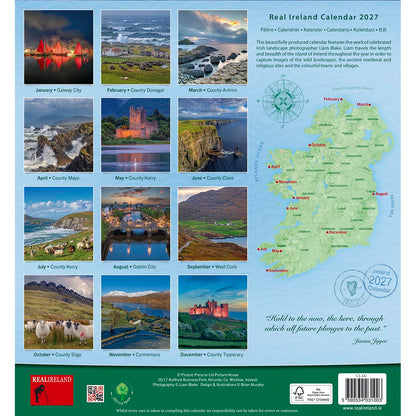 Back of Real Ireland Calendar 2027 with a 12 month grid and an Ireland map illustration.