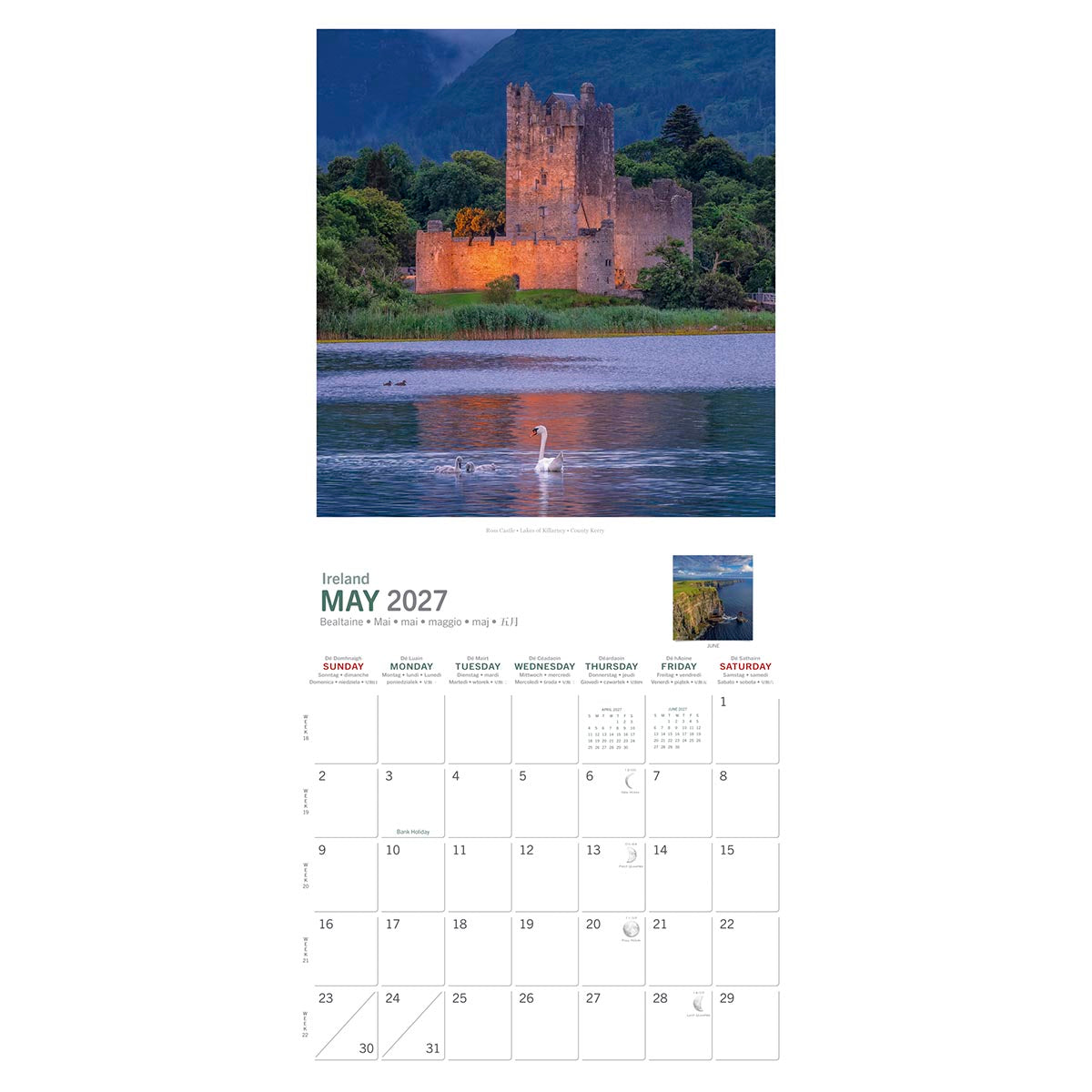 May 2027 spread featuring a castle by a lake with swans in Real Ireland Calendar.