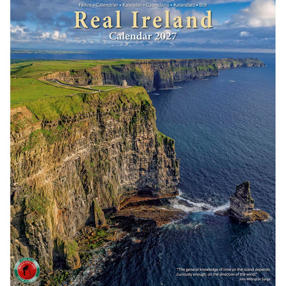 Cover of Real Ireland Calendar 2027 showing rugged cliff coastline and blue ocean.