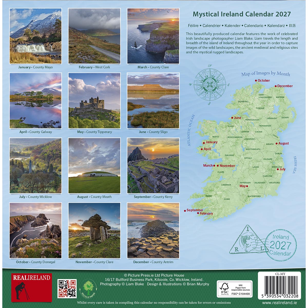 Mystical Ireland A5 calendar 2027 cover showing monthly photo thumbnails and an Ireland map