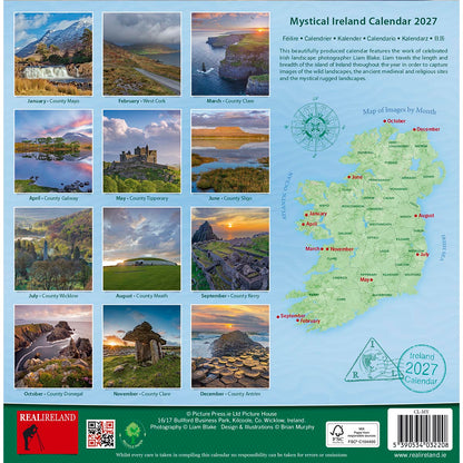 Mystical Ireland A5 calendar 2027 cover showing monthly photo thumbnails and an Ireland map