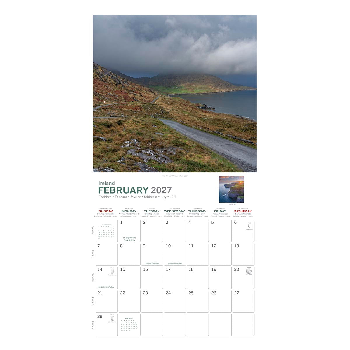 Mystical Ireland February 2027 page with a moody coastal landscape above the calendar grid.