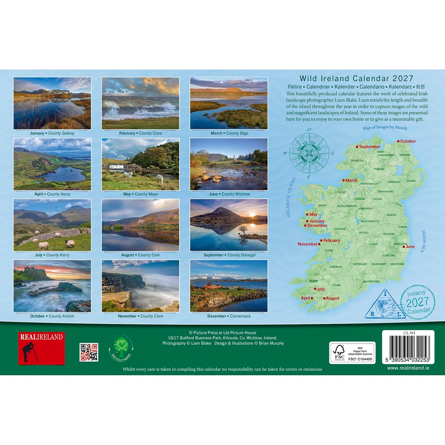 Wild Ireland Calendar A4 2027 cover with twelve landscape thumbnails on the left and an Ireland map on the right.
