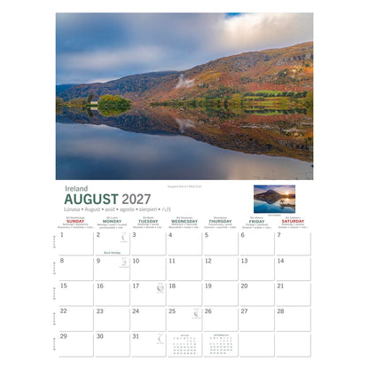 August 2027 page from Wild Ireland calendar with a lakeside landscape and green hills reflections plus a calendar grid.