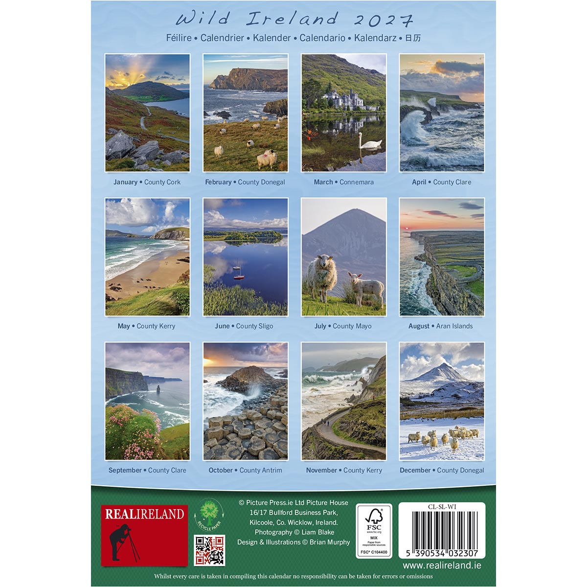 Wild Ireland 2027 calendar back cover showing a grid of scenic Irish photos on a blue background