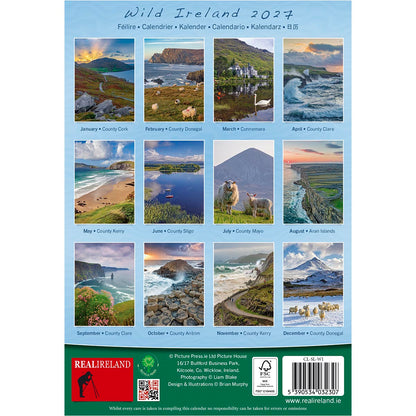 Wild Ireland 2027 calendar back cover showing a grid of scenic Irish photos on a blue background