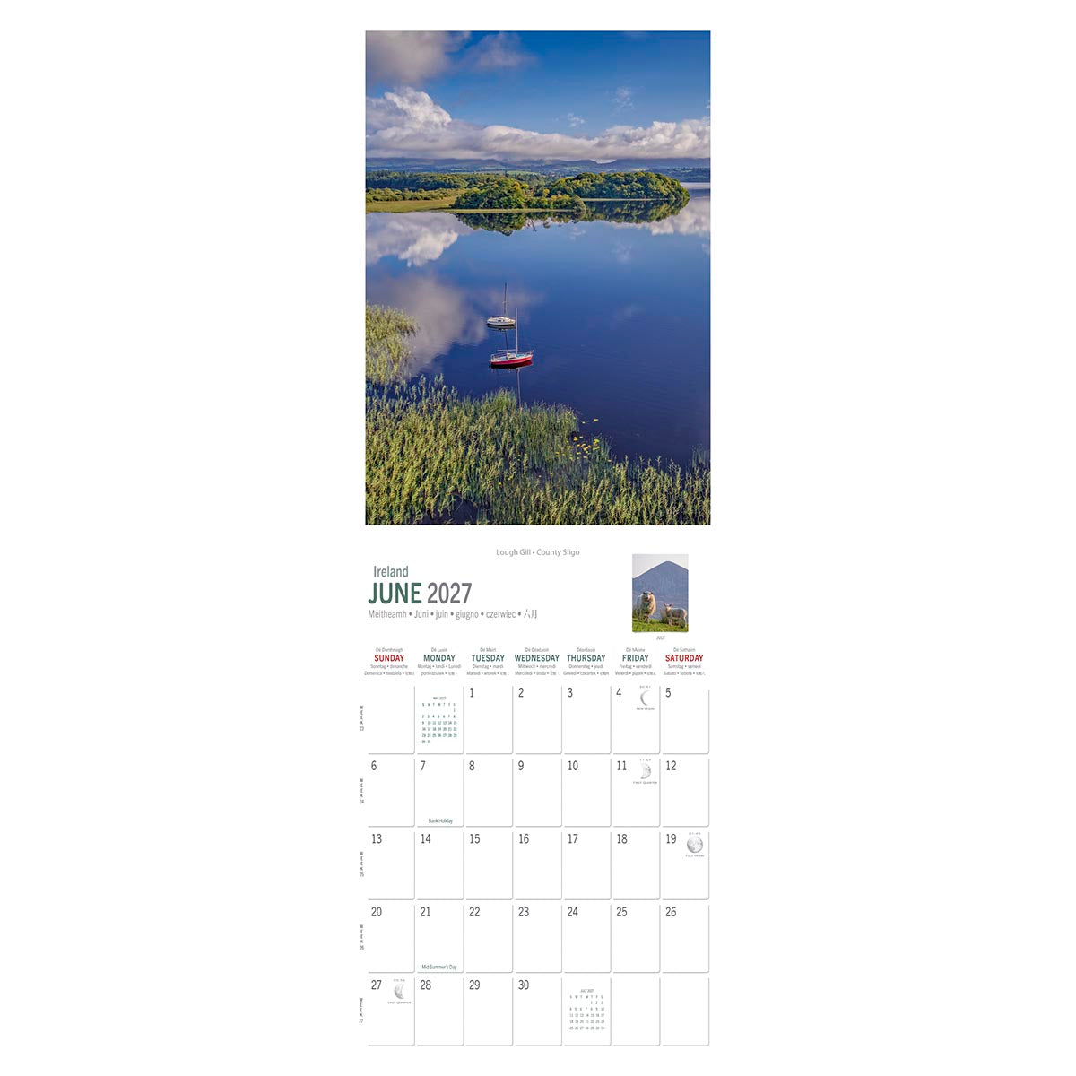 Lough Gill landscape on a Wild Ireland calendar page with two boats and the June 2027 calendar grid