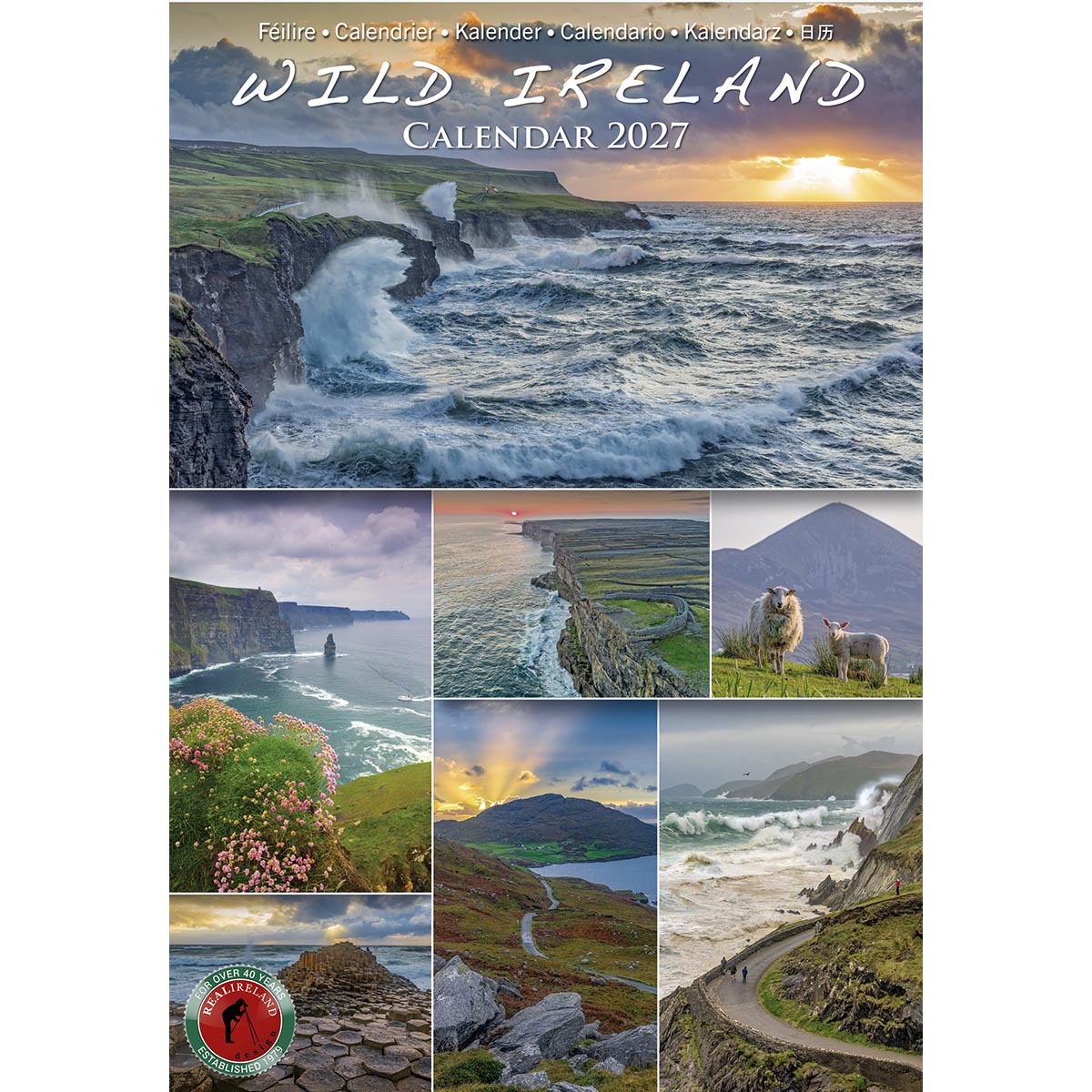 Wild Ireland Scenic Views Slim Calendar 2027 cover with a large coastal image and a collage of landscapes