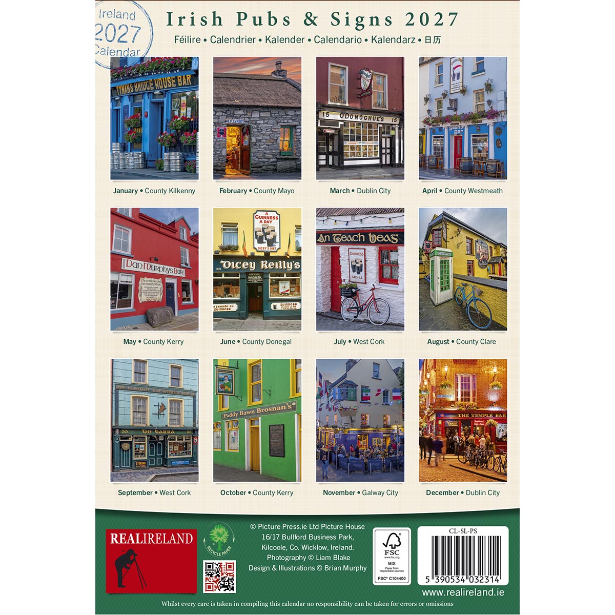 Irish Pubs & Signs 2027 calendar page with a collage of twelve pub photographs and captions