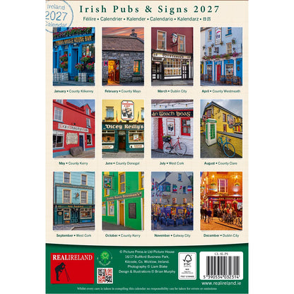 Irish Pubs & Signs 2027 calendar page with a collage of twelve pub photographs and captions