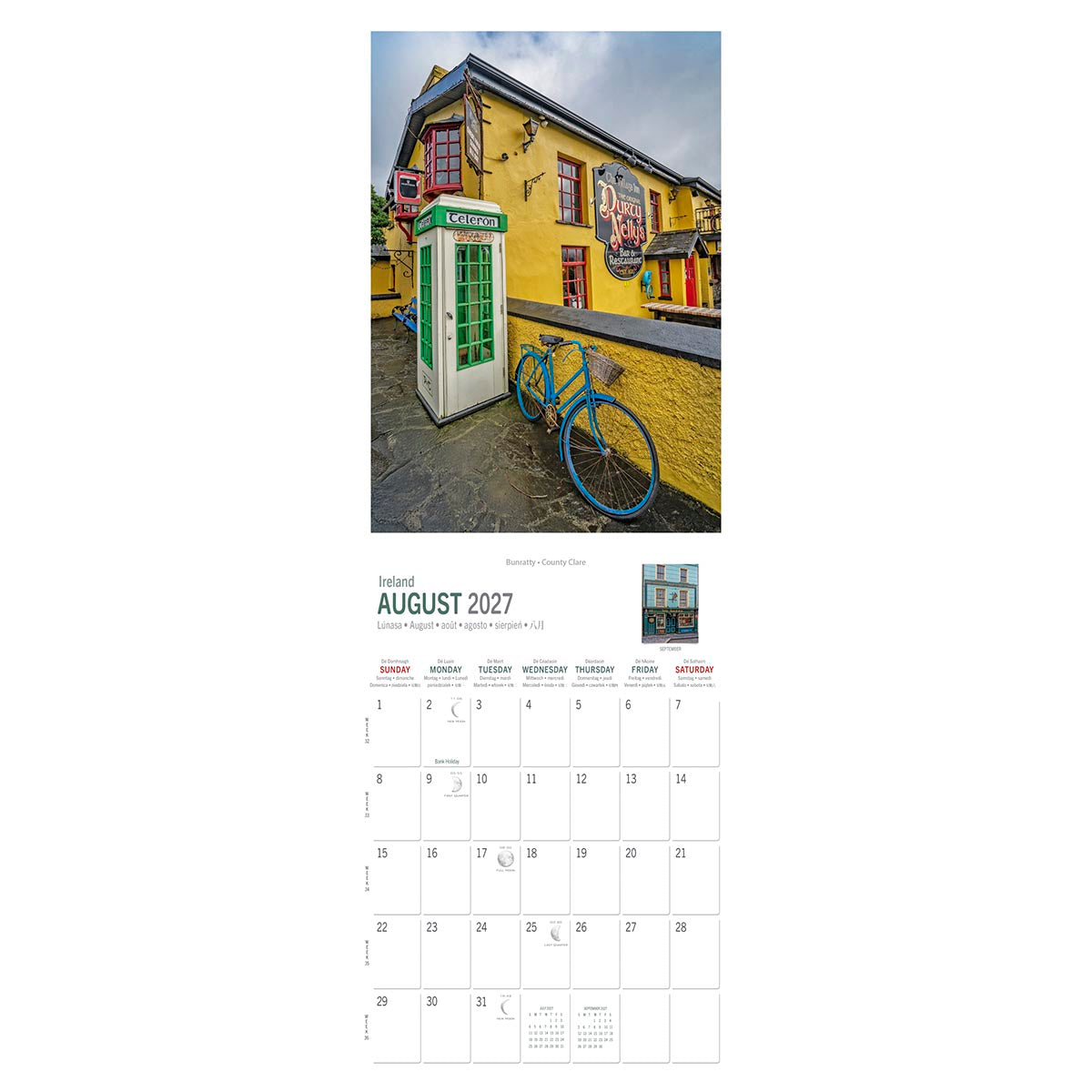 August 2027 calendar page showcasing a bright yellow Irish pub building with calendar grid below