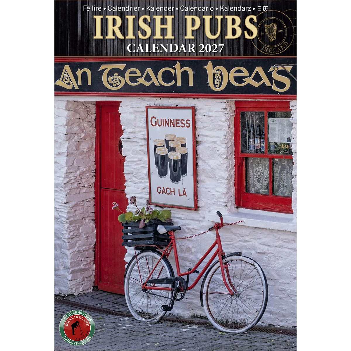 Cover of Irish Pubs Calendar 2027 featuring a red vintage bicycle against a white stone pub wall