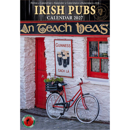 Cover of Irish Pubs Calendar 2027 featuring a red vintage bicycle against a white stone pub wall