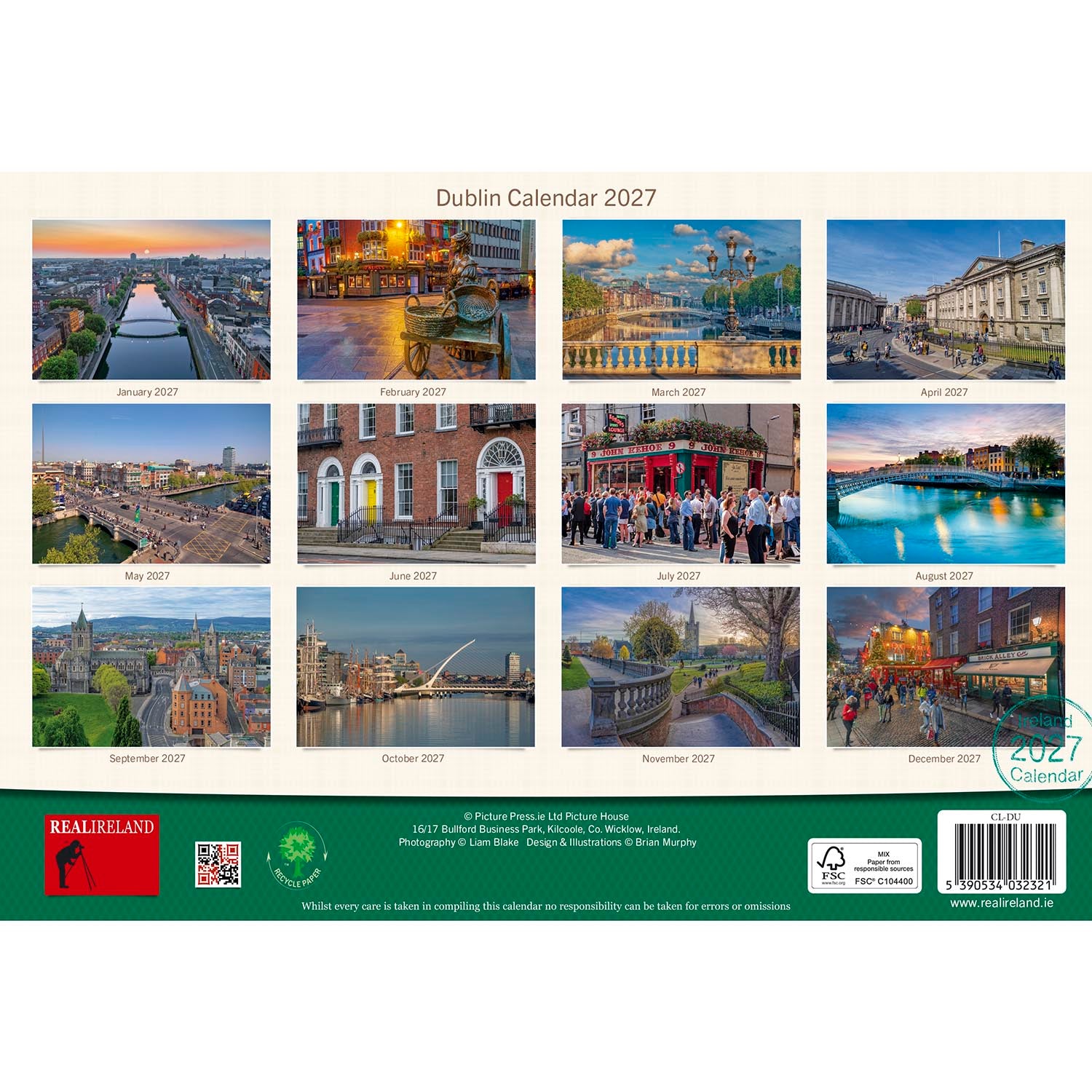 Dublin Calendar 2027 back cover with a grid of twelve monthly cityscape photos